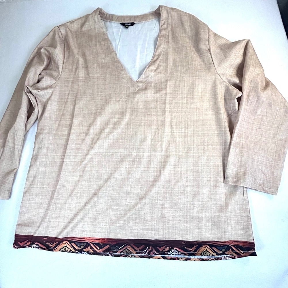 Ouku Womens XXXL Tan V-Neck Long Sleeve Tunic Top Boho Tribal Border Hem 01720